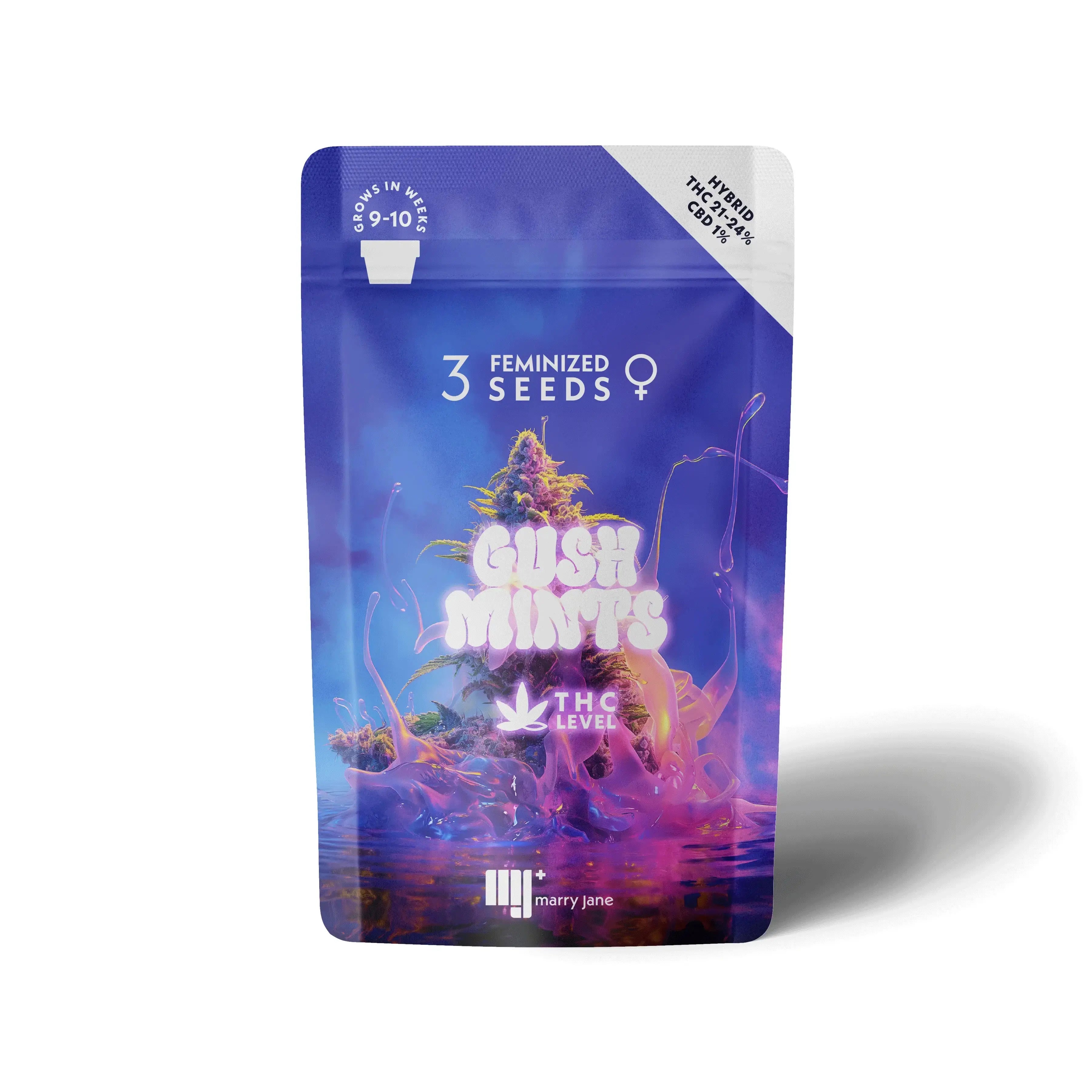 Gush Mints CBD cannabis seeds - heavy indica-dominant hybrid with sweet minty pine flavor and 21-24% THC